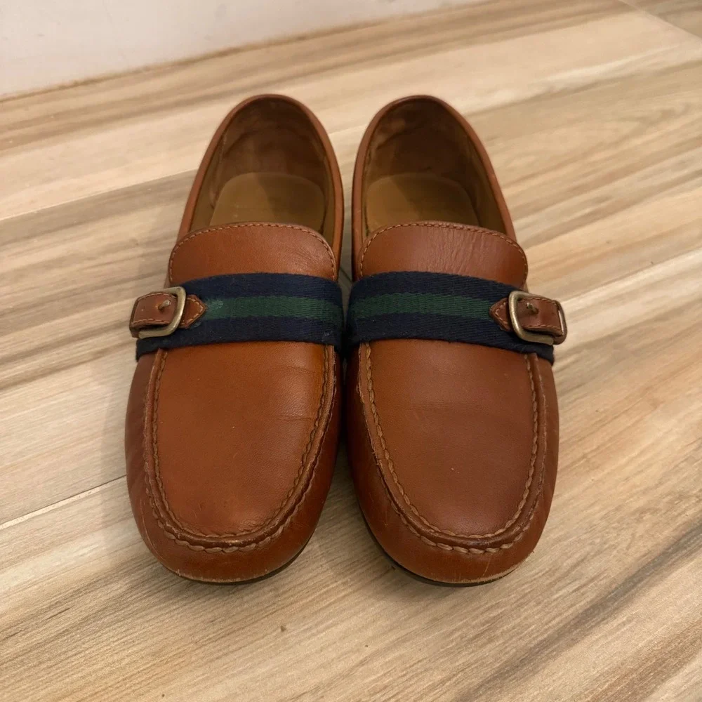 Polo Ralph Lauren Riali Mens Leather Driver Loafers Tan Brown Striped Buckle 9D